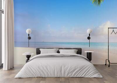 beautiful summer tropical holiday background; suny sandy beach, palm tree and sunset sea sky Wall mural