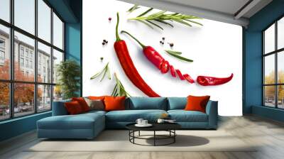 Fresh herb rosemary and red chilli pepper isolated on white background. Transparent background and natural transparent shadow; Ingredient, spice for cooking. collection for design Wall mural