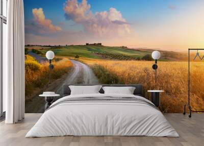 Italy autumn  countryside landscape, dirty road and farmland over sunset sky Wall mural