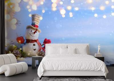 Snowman and Christmas tree decoration; background or season holidays banner Wall mural