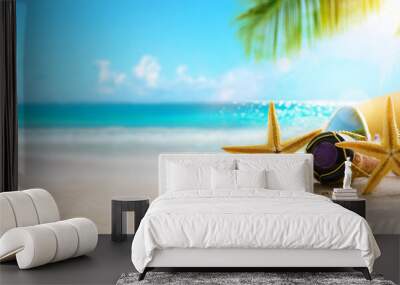 Summer tropical sea beach party;  Love on Sunny Tropical Sandy Beach With Palm Leaves And Paradise Island Wall mural