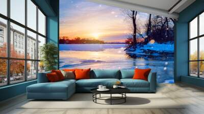 winter landscape panorama; sunset on the bank of a frozen river; Wall mural