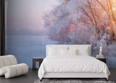 winter Landscape with Frozen lake and snowy trees Wall mural