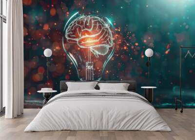 A lightbulb shines brightly, with a glowing brain inside, representing the power of human thought and creativity Wall mural