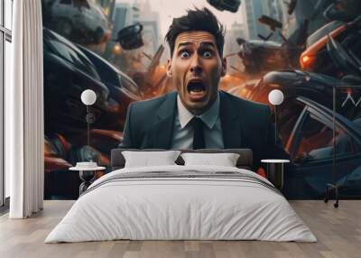 A man's shocked expression amid a road incident, car breakdown, insurance Wall mural