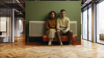 A man and a woman are sitting on a sofa near a heating radiator. Heating increase concept Wall mural