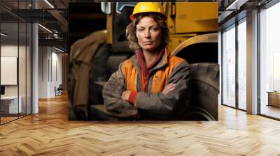 a serious woman in a construction uniform and a construction helmet looks at the camera against the background of construction equipment Wall mural