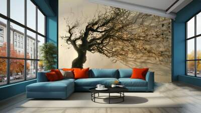 A silhouette of a tree with intricate branches against a light background, casting long shadows Wall mural