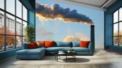 A tall smokestack releases a thick plume of smoke against a backdrop of a colorful sunset sky Wall mural