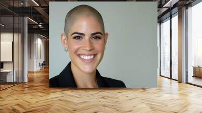 A woman with a shaved head smiles brightly at the camera, wearing a black blazer Wall mural