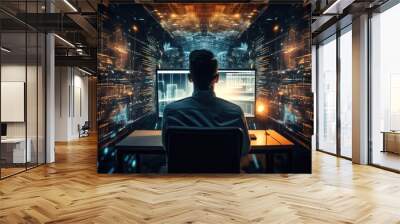 A young businessman sits in front of a computer surrounded by neon diagrams. Artificial intelligence serves humans. Illustration of the future. Wall mural