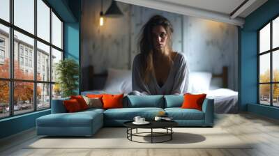 A young woman sits on a bed in a room, her face expressing sadness and despair Wall mural