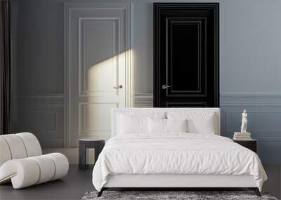 An empty room with two doors - one black, one white. Warm light spills in from a window, casting a soft glow on the floor Wall mural