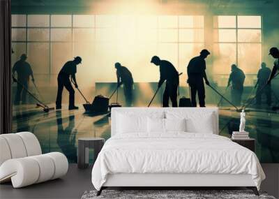 Cleanliness Concept: People cleaning a large room, symbolizing cleanliness, hygiene, and the importance of maintaining a sanitized environment Wall mural