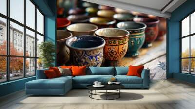 Colorful ceramic mugs and bowls, highlighting the rich artistic tradition and craftsmanship of the region's pottery Wall mural