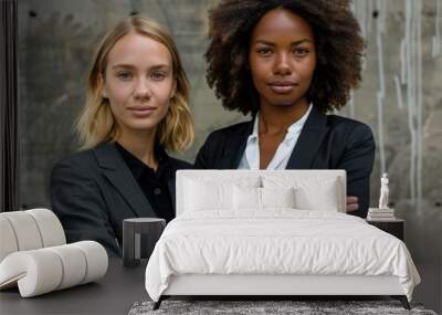 Confident Businesswomen in Formal Attire Standing Together Against a Grunge Wall Background Wall mural