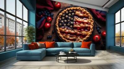 Culinary freedom fest: National Pie Day joyfully celebrated with a pie featuring berries arranged as a festive salute to the freedom represented by the American flag Wall mural