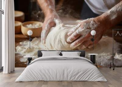 Engaging in the art of breadmaking, as dough for Greek Easter bread is skillfully kneaded amidst a display of baking essentials Wall mural