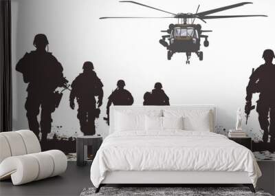 Five soldiers, silhouetted against a white background, march toward a Black Hawk helicopter hovering overhead Wall mural