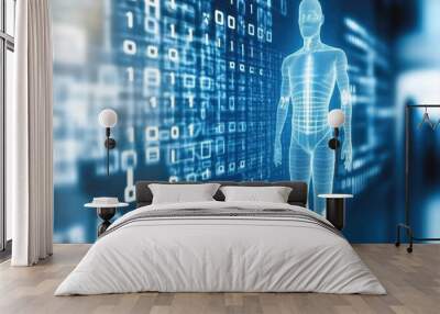 Futuristic human hologram with digital binary code background Wall mural