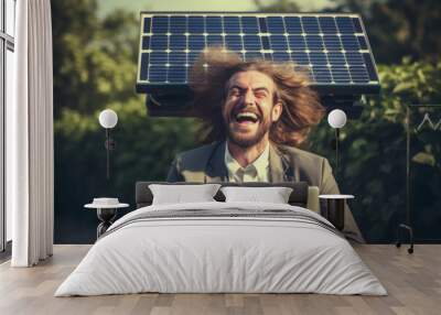 Illustration of a portrait of a young happy man with a laptop who is laughing and has a solar panel on his head. Alternative energy sources concept. Wall mural