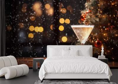 New Year, Christmas card with a glass of champagne, New Year tree and falling snow. Place for text. Wall mural