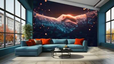 Tech-inspired handshake, symbolizing virtual collaboration and connections. Wall mural