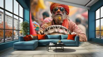 traditional indian drummer engaging in a vibrant musical performance. Wall mural