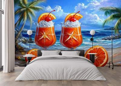 Tropical beach cocktails with oranges and cherries under a palm tree Wall mural