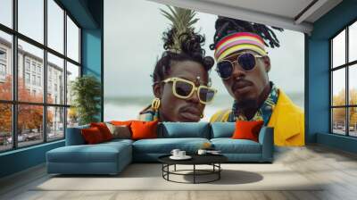 Two men, one with a pineapple on his head, stand side-by-side in front of a beach and ocean. They wear colorful clothing and sunglasses Wall mural