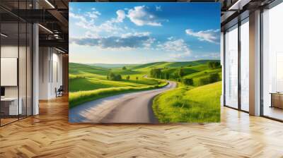 Winding Path in Nature: A serpentine road winds through lush green fields under the bright sky with scattered clouds on a sunny day Wall mural