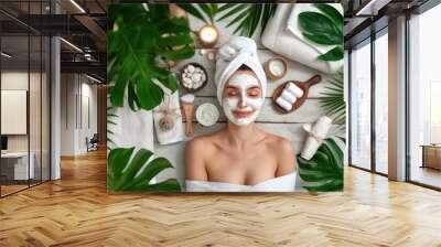 Woman Enjoying Facial Mask Treatment in Spa with Natural Elements and Relaxing Ambiance Wall mural