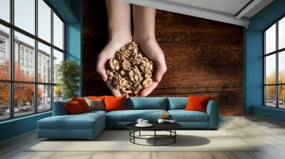 Women's palms with walnuts. Dark wooden background. Healthy food. Vegetarianism. Place for your text. Wall mural