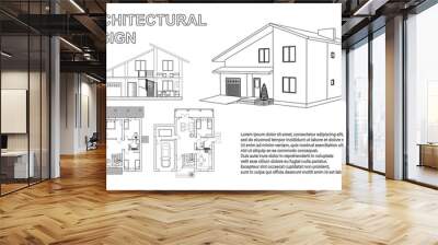 Perspective 3D, floor plan and cross section suburban house. Drawing of the modern building. Cottage project on white background. Vector blueprint. Wall mural