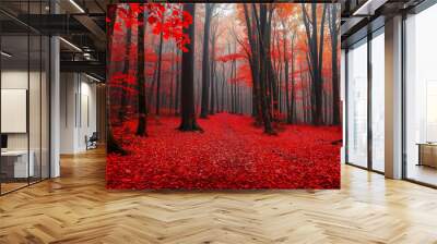 Mystical autumn forest with red leaves Wall mural