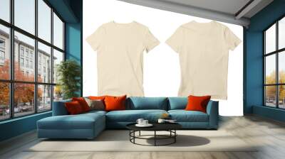 Blank Cream Isolated Unisex Crew Neck Short Sleeve T-Shirt Front and Back View Mockup Template Wall mural