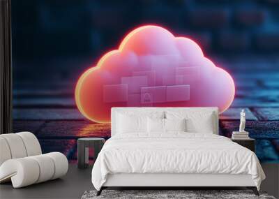 A glowing cloud symbol with locked files inside, representing private and secure cloud storage for sensitive data Wall mural