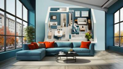 Miniature studio apartment layout, blueprint overlay, 3D illustration Wall mural