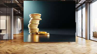 Tiny coin stack growing in size, representing currency growth, financial theme, 3D illustration Wall mural