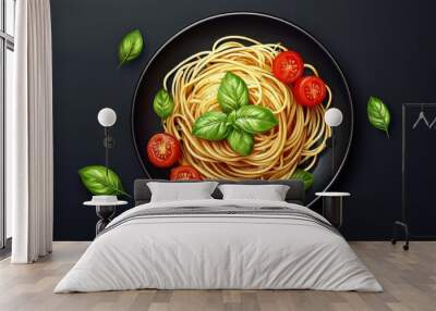 A plate of spaghetti with basil and tomatoes on a dark background. Dark plate with italian foods. Ultra realistic. Photorealistic Wall mural