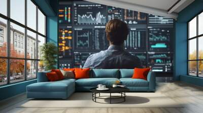 Businessman or data analyst examining business growth statistics on a virtual screen, utilizing virtual graphs to develop growth strategies and analyze sales marketing data. Ultra realistic Wall mural