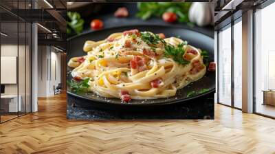 Creamy carbonara pasta with bacon and parsley on dark plate. Dark plate with italian foods. Ultra realistic. Photorealistic Wall mural