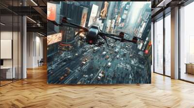 Drone capturing movement on bustling urban streets hypermaximalist advertising photography hyper realistic fine detail Wall mural