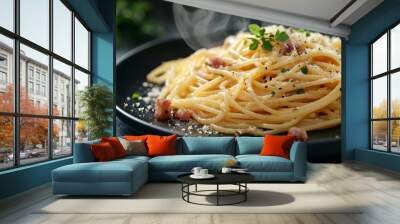 Ultra-realistic depiction of hot spaghetti carbonara. Homemade traditional Italian pasta with pancetta, egg, Parmesan cheese, and cream sauce on a dark plate. Photorealistic steam rising in a hot food Wall mural