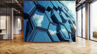 Ultra-realistic photorealistic office buildings with hexagon window structure, futuristic tech network concept, blue glass facade, sky reflections, urban downtown modern architecture Wall mural