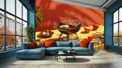 3d illustration of bar b q on table bokeh style background Wall mural