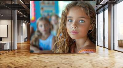 A girl with long curly hair is smiling in the classroom bokeh style background Wall mural