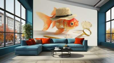 A goldfish in a detective outfit with a magnifying glass Wall mural