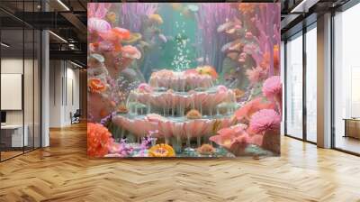 A vibrant coral reef with a waterfall in the center Wall mural