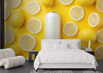 A white soda can surrounded by lemons Wall mural